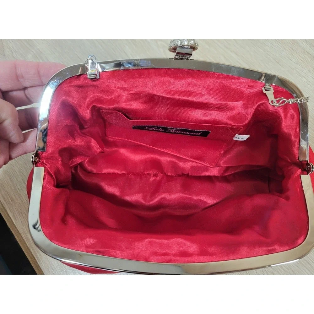 Lulu Townsend Red Clutch w/ Rhinestone Clasp & Chaine strap Purse Night Bag
